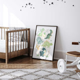 Dinosaur names artwork with green, teal and yellow watercolour characters over a pale beige wash within white margins.
