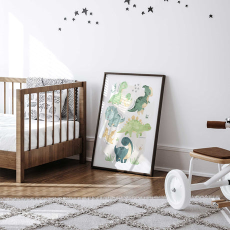 Dinosaur names artwork with green, teal and yellow watercolour characters over a pale beige wash within white margins.
