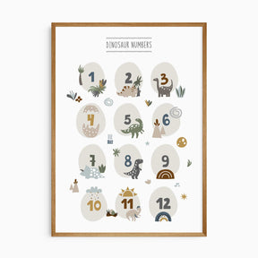 Dinosaur numbers nursery wall art print featuring 1–12 dinosaurs in neutral tones.