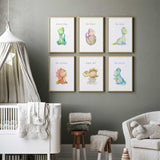 Colourful dinosaur wall art for nursery or playroom featuring watercolour dinosaurs and motivational words.