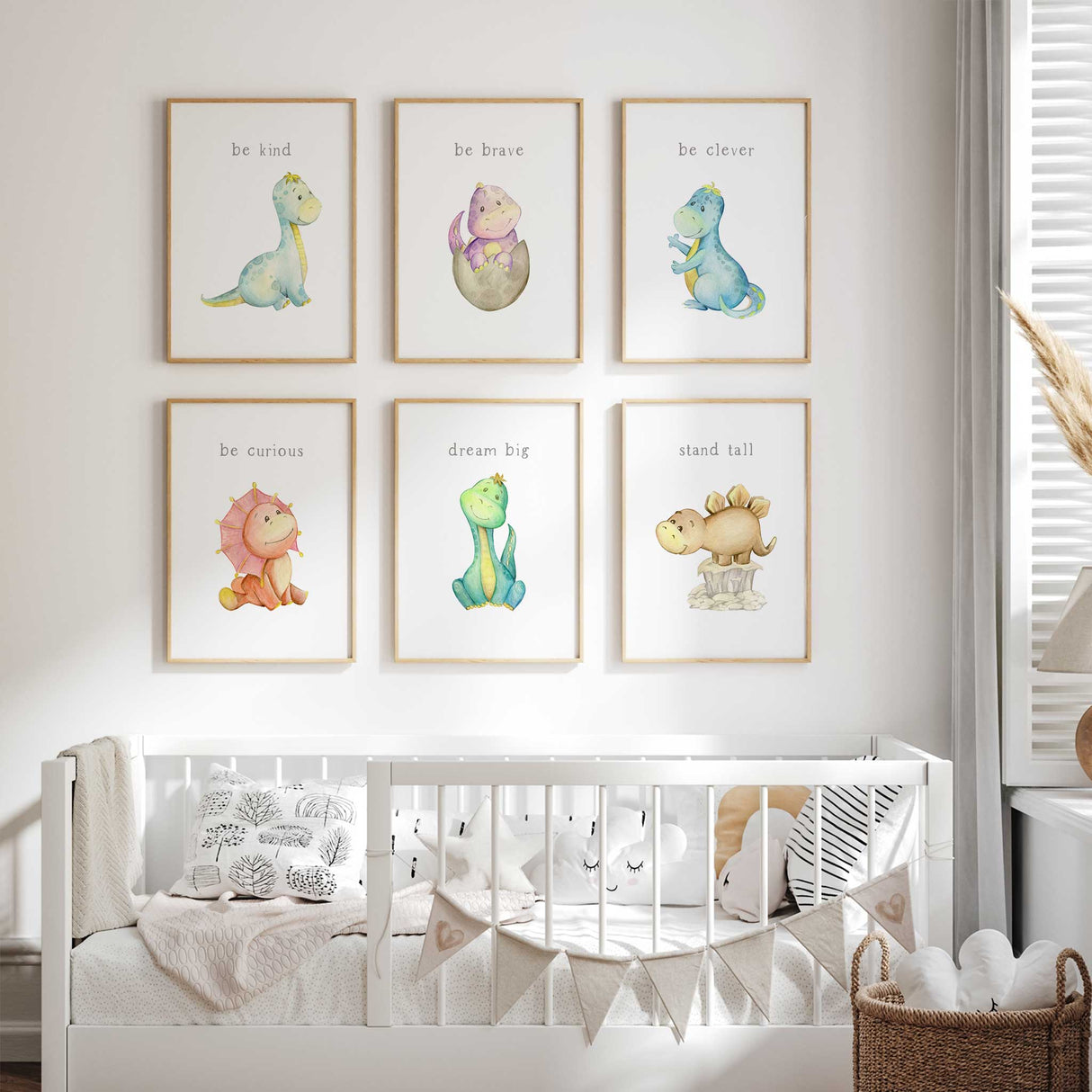 Set of 6 dinosaur nursery prints featuring colourful dinosaurs with positive quotes, perfect wall art for boys room or playroom décor.