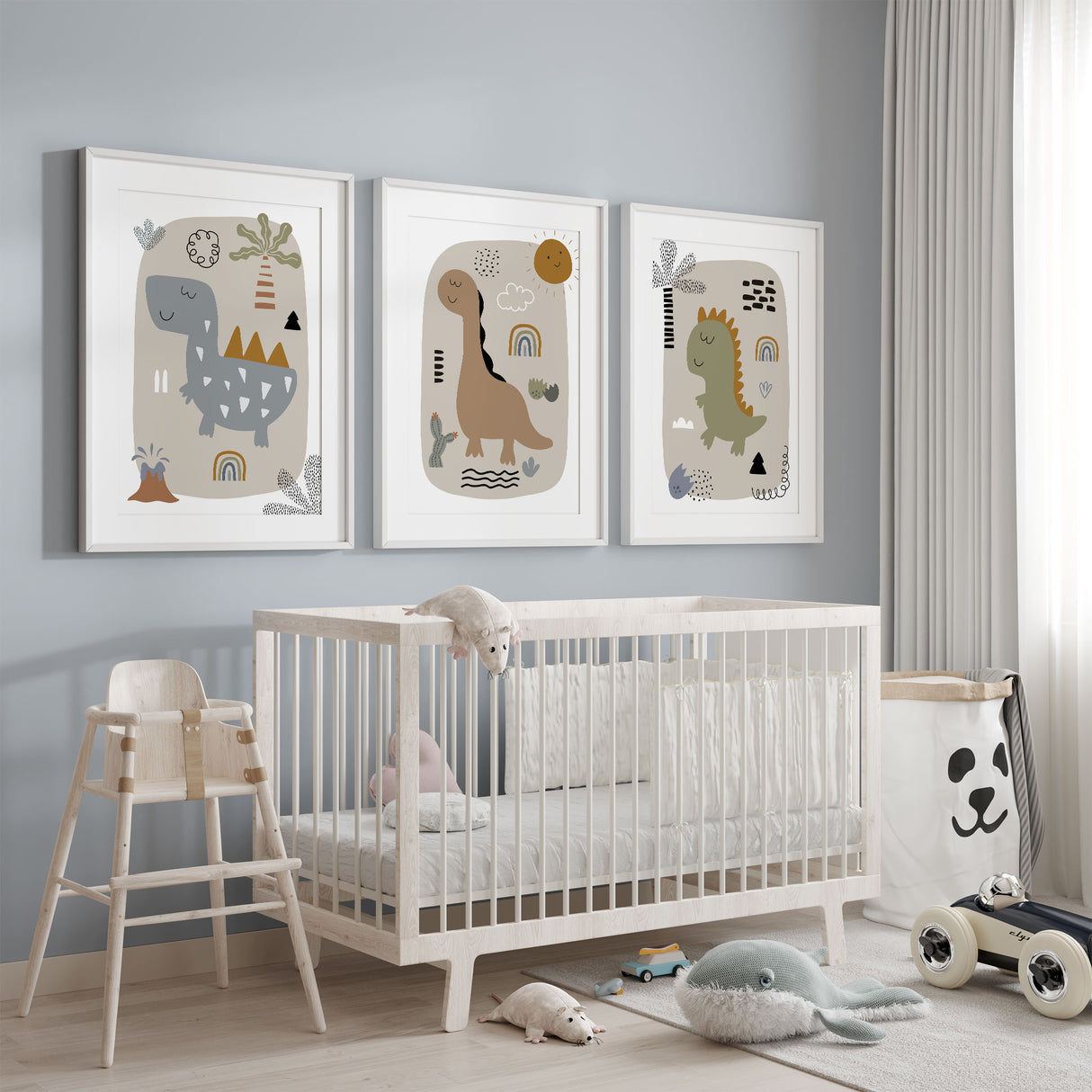 Dinosaur nursery wall art set featuring three cute dino prints in soft earthy tones with playful boho details for boys bedroom or nursery decor