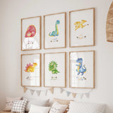 Colourful dinosaur quote prints featuring Dream big, Stand tall, Fly high, Be brave, Be unique and Be silly.