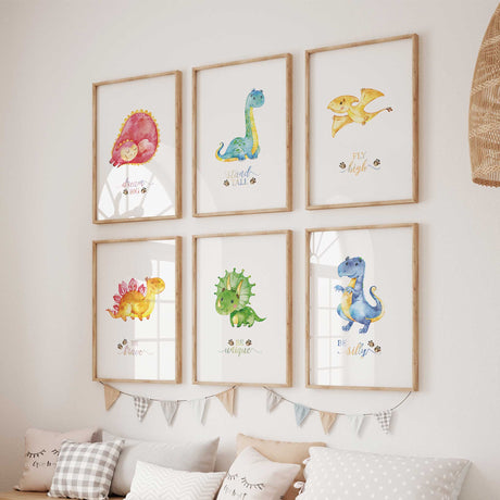Colourful dinosaur quote prints featuring Dream big, Stand tall, Fly high, Be brave, Be unique and Be silly.