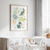 Single dinosaur poster with labelled watercolour characters, a hatching egg and foliage on a pale beige wash.