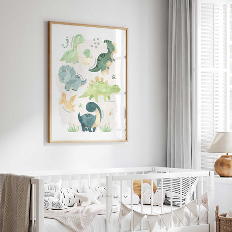 Single dinosaur poster with labelled watercolour characters, a hatching egg and foliage on a pale beige wash.