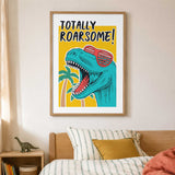 Dinosaur print for a boys bedroom featuring a turquoise T-rex wearing red sunglasses on a yellow background.
