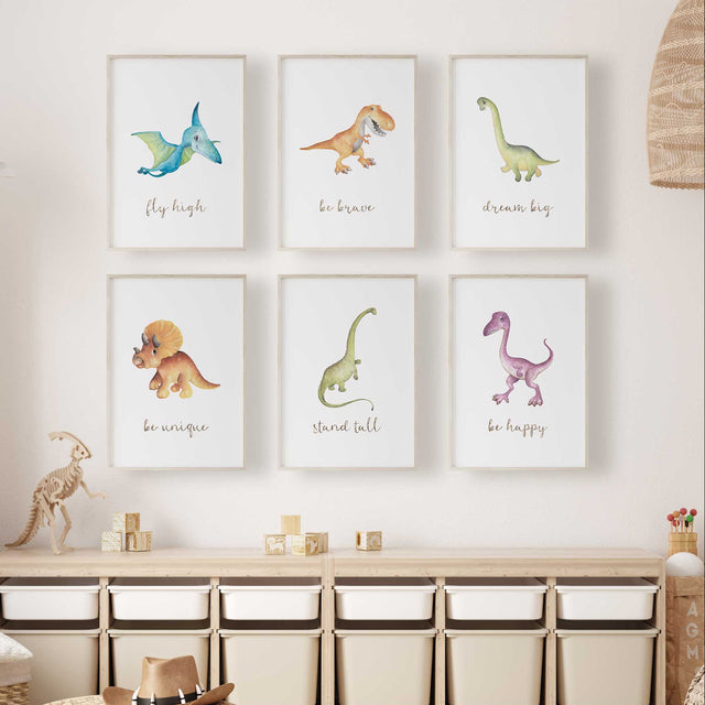 Dinosaur quote prints with Fly high, Be brave and Dream big above Be unique, Stand tall and Be happy designs.