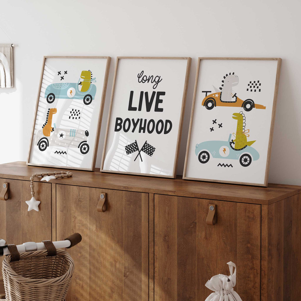 Boys dinosaur race car wall art set of 3 prints with quote for bedroom or playroom