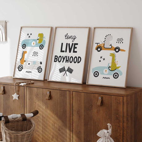 Boys dinosaur race car wall art set of 3 prints with quote for bedroom or playroom