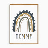 Rainbow name print from a personalised dinosaur wall art set, showing the custom name in bold lettering