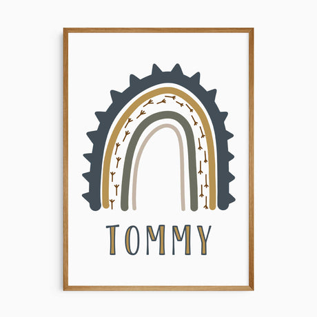 Rainbow name print from a personalised dinosaur wall art set, showing the custom name in bold lettering