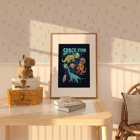 Dinosaur and rocket space wall art print for kids bedroom