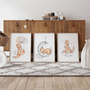 Dinosaur nursery wall art set of 3 with balloons, moon and stars for boys