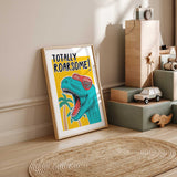 Dinosaur wall art featuring a turquoise T-rex in red sunglasses with Totally Roarsome lettering on yellow.