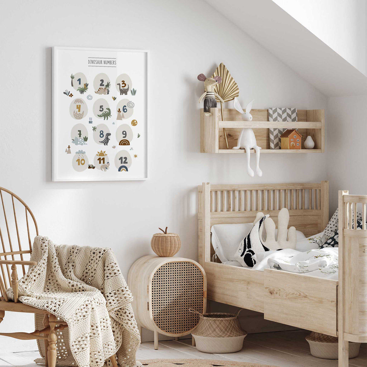 Dinosaur themed wall art for kids’ bedroom or playroom with numbers and eggs.