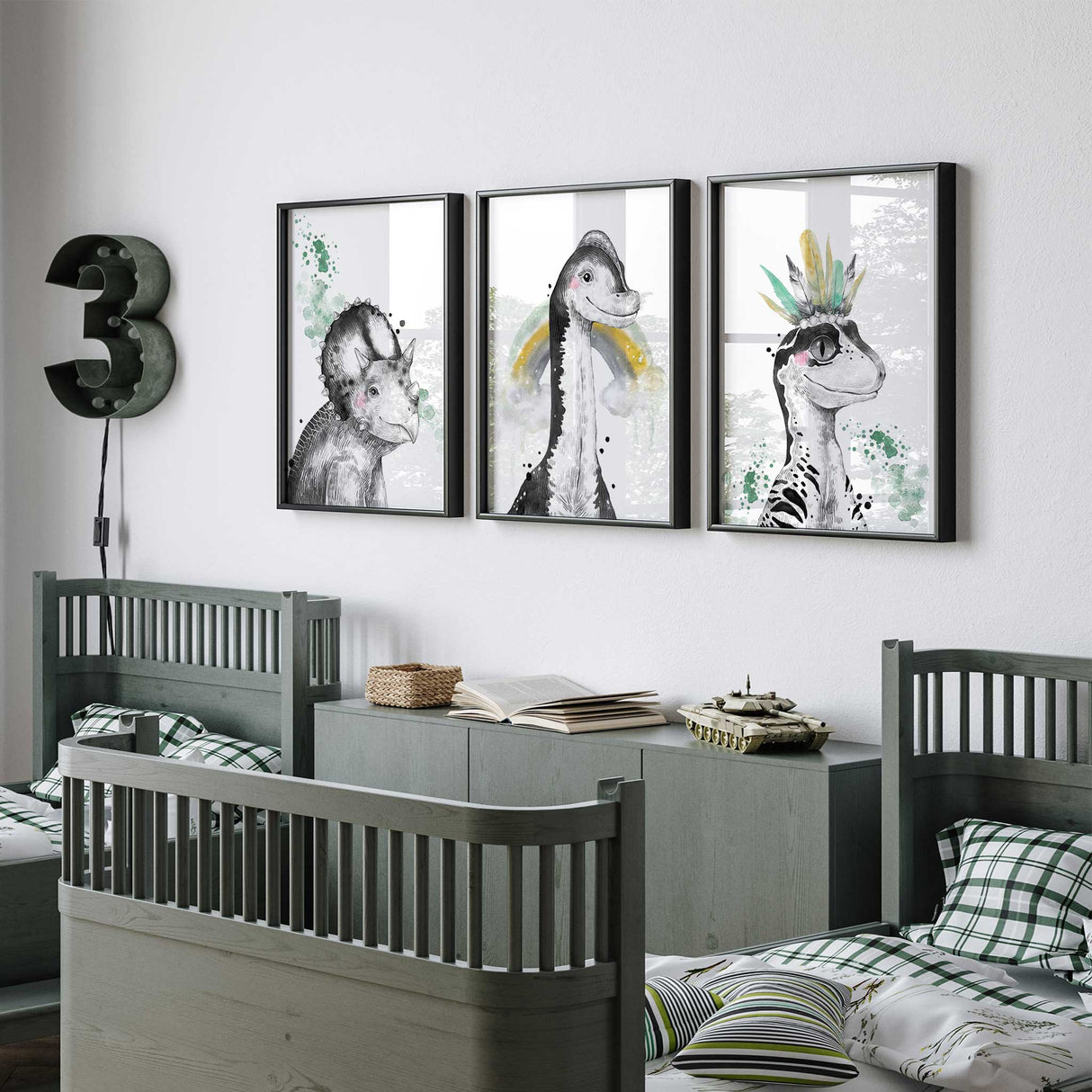 dinosaur wall art set of three prints for kids bedroom