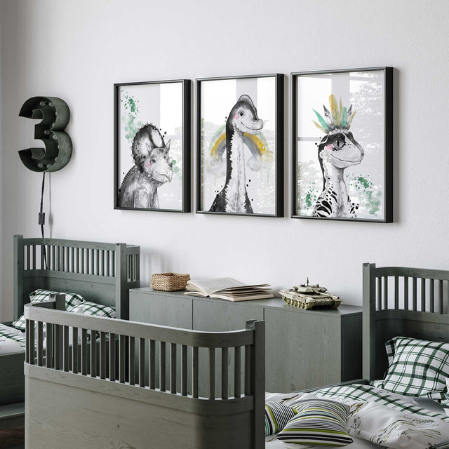 dinosaur wall art set of three prints for kids bedroom