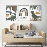 Dinosaur wall art set of three featuring illustrated dinosaurs and a personalised name print in earthy neutral colours