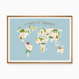 Dinosaur world map wall art with labelled continents for a boys bedroom or dinosaur nursery.