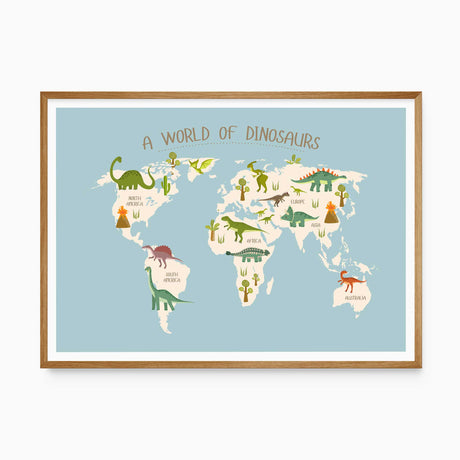 Dinosaur world map wall art with labelled continents for a boys bedroom or dinosaur nursery.