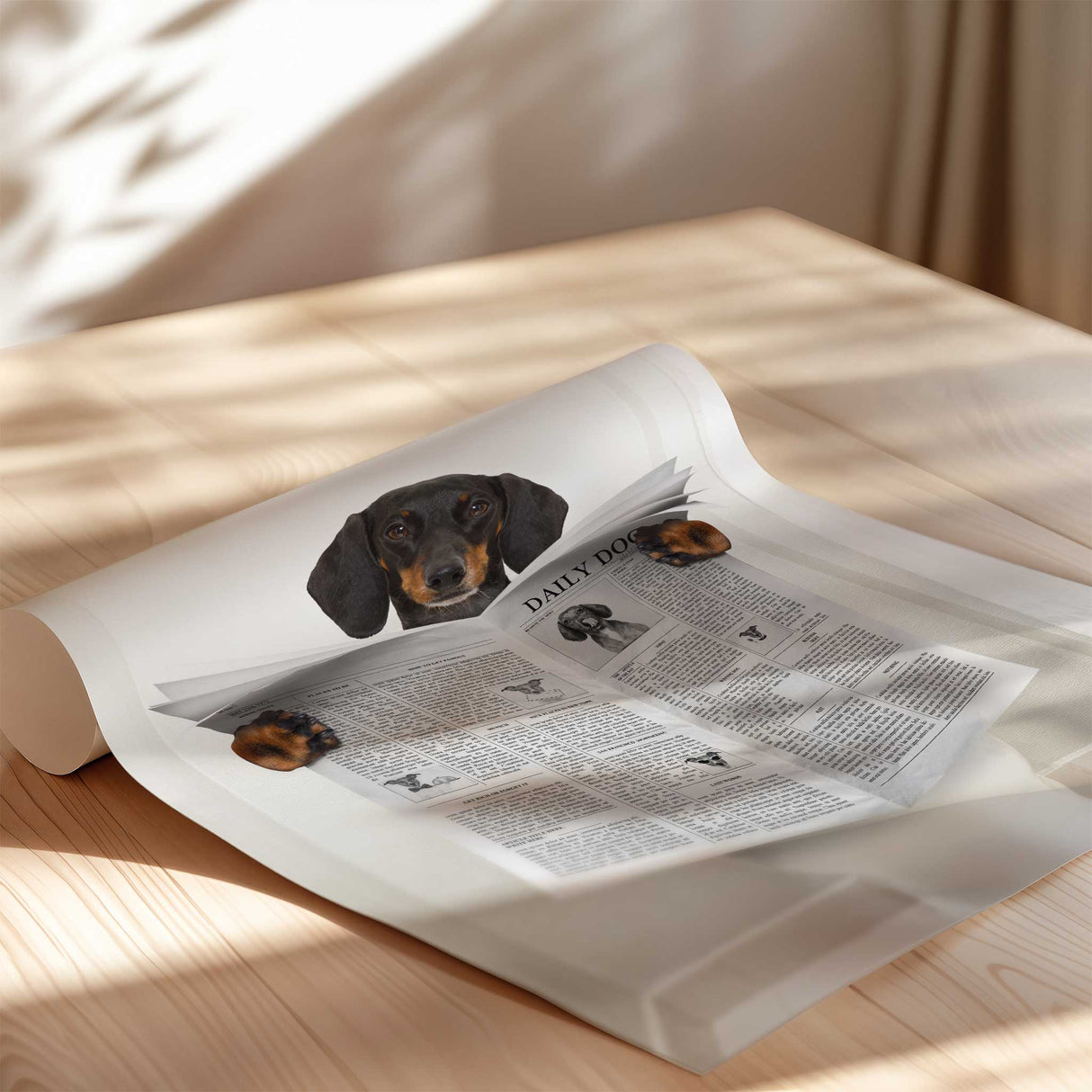 Dog sitting on a toilet, reading a newspaper with articles and images related to dogs, in a playful and funny scene.