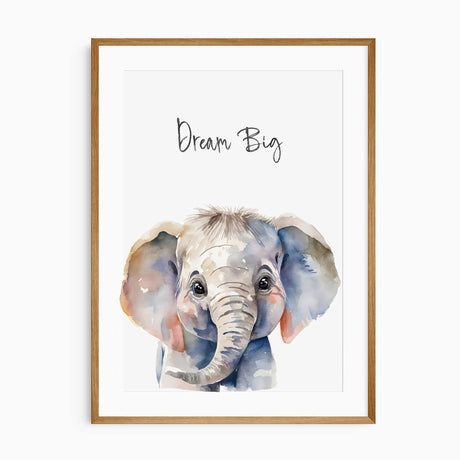 Watercolour elephant print with the words Dream Big above a grey baby elephant with blue and pink ear details.