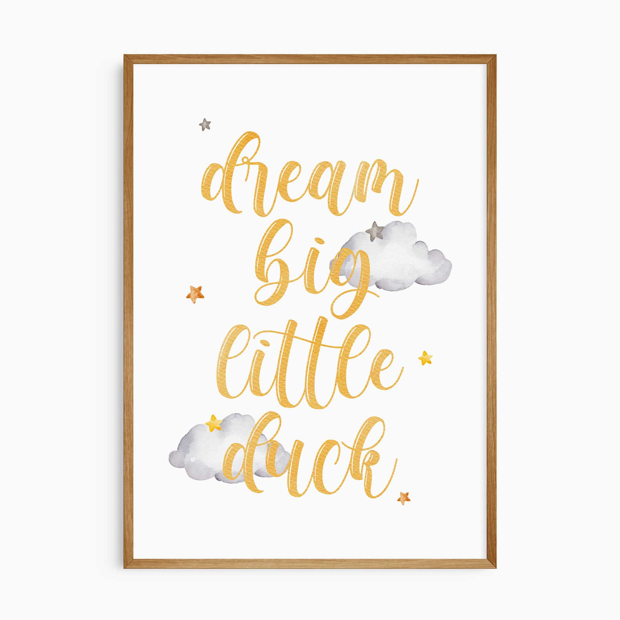 Dream Big Little Duck quote wall art print in yellow and grey tones with clouds and stars, ideal for baby nursery or child’s room décor.