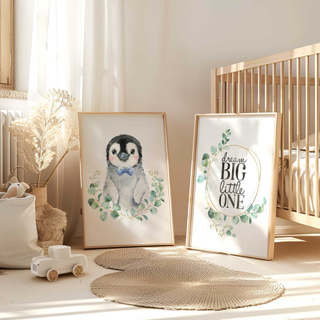 Big Little One nursery quote print with eucalyptus greenery for baby boy room