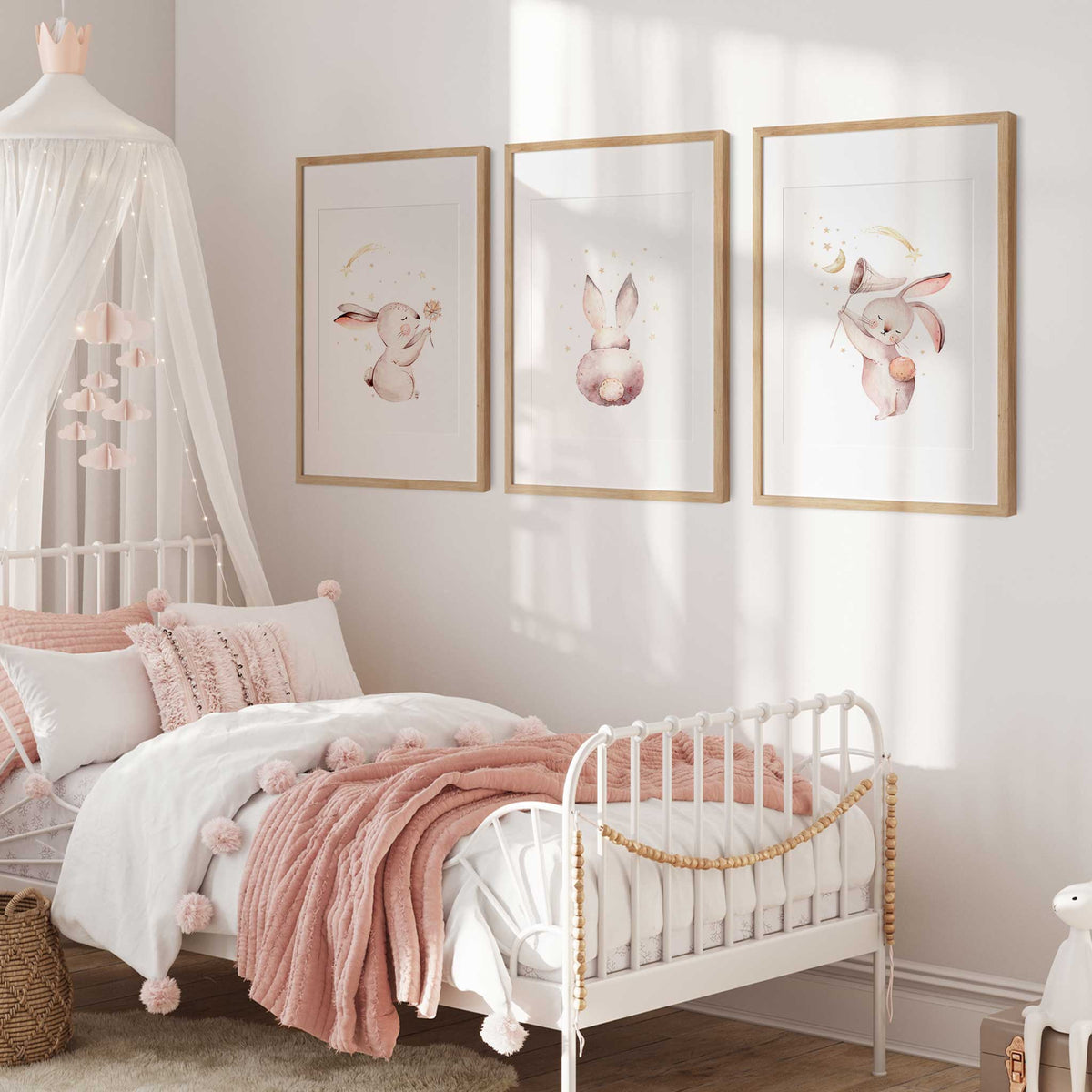 Bunny Nursery Wall Art Set of 3 | Baby Girl Blush Prints – My Tommy Prints