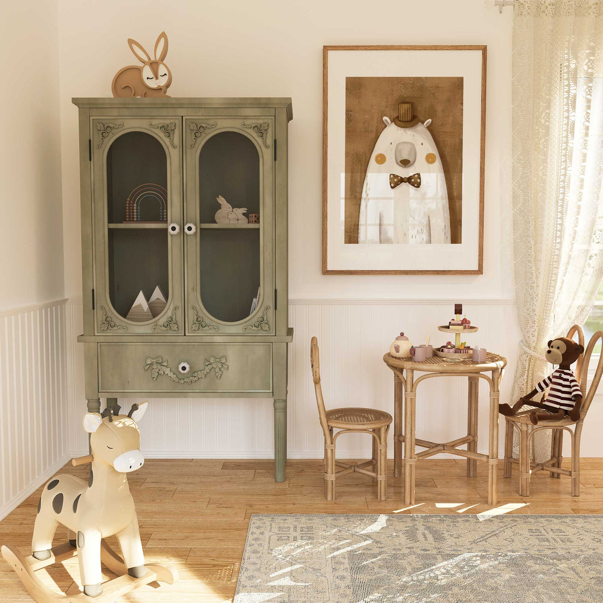 Illustrated polar bear nursery artwork with a brown top hat, white spotted bow tie and mustard cheeks on a brown background.