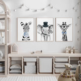 illustrated animal portraits featuring zebra elephant and giraffe characters