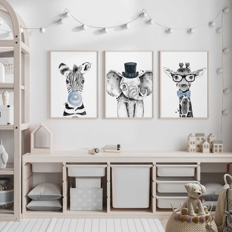 illustrated animal portraits featuring zebra elephant and giraffe characters