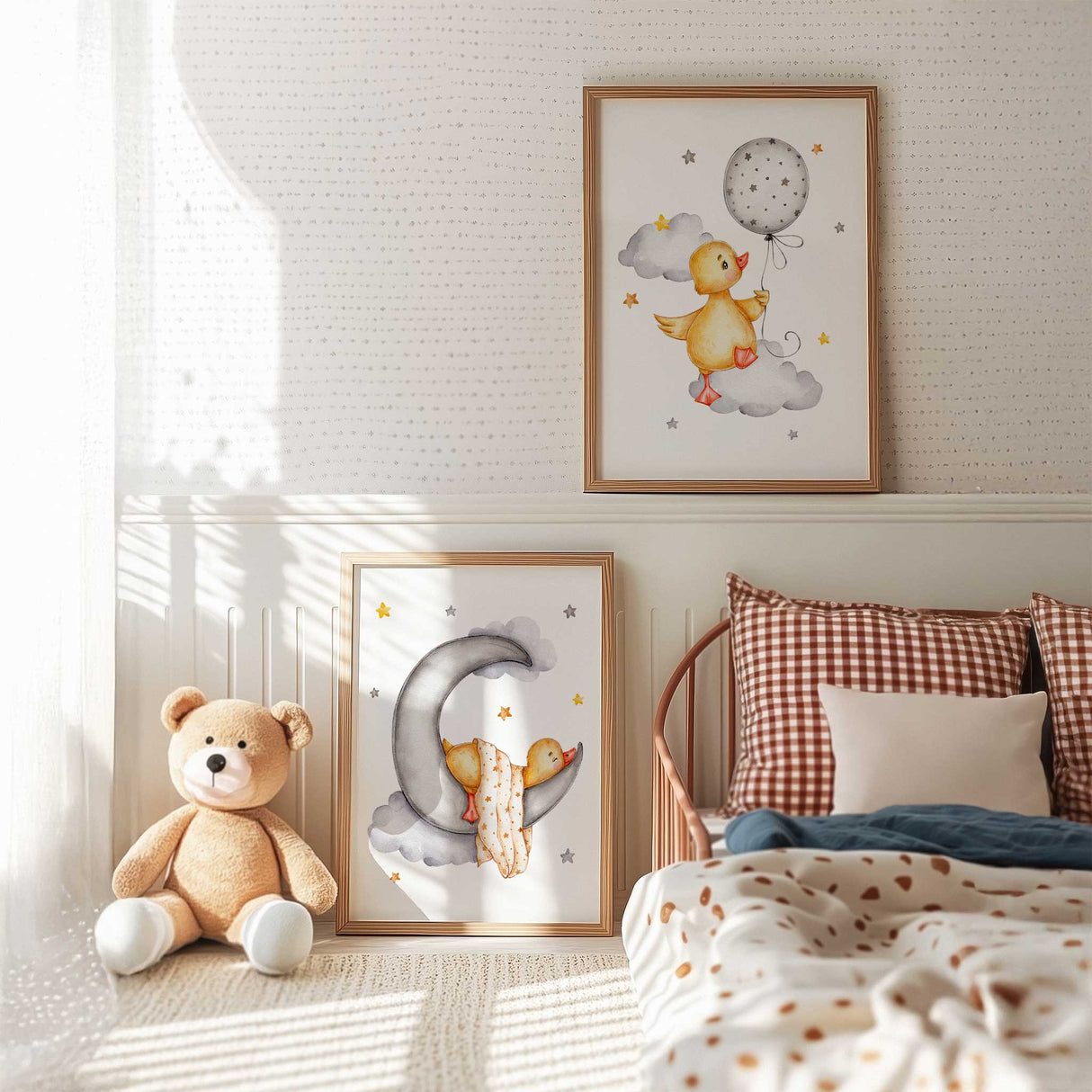 Set of three duck nursery wall art prints featuring a balloon, moon, and dream big quote in yellow and grey tones, perfect for baby room or kids décor.