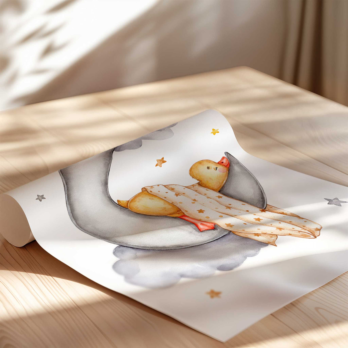 Sleeping duck on crescent moon nursery print with blanket, clouds and stars in soothing grey and yellow, perfect for baby room wall décor.