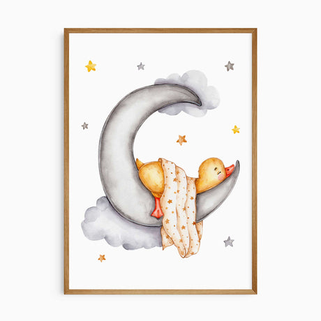Watercolour yellow duckling sleeping on a crescent moon with soft stars and clouds for a baby nursery