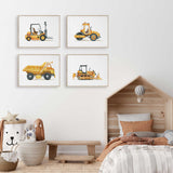 Set of four construction vehicle prints with dump truck bulldozer road roller and forklift illustrations