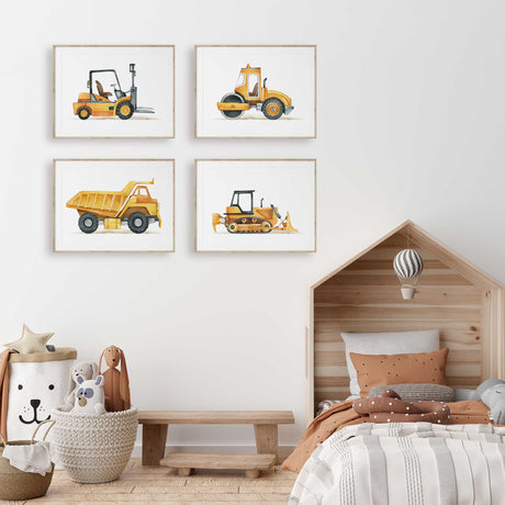 Set of four construction vehicle prints with dump truck bulldozer road roller and forklift illustrations