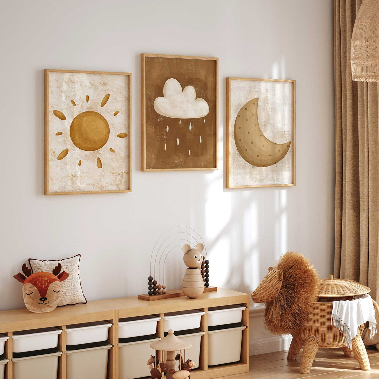 Earth-tone nursery decor prints featuring sun, moon, and cloud artwork for baby's room.