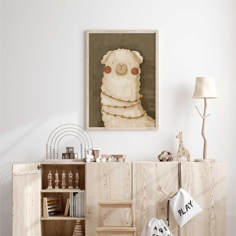 Earthy animal nursery decor featuring a soft llama illustration