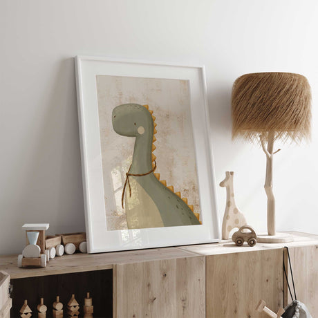 Earthy dinosaur nursery decor with warm mustard details
