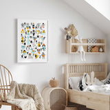 Educational alphabet wall art print with animal illustrations for kids room