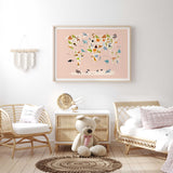 educational animal map print for kids bedroom or playroom decor