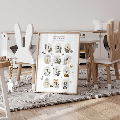 Educational dinosaur wall art for kids, counting numbers 1 to 12 with playful illustrations.