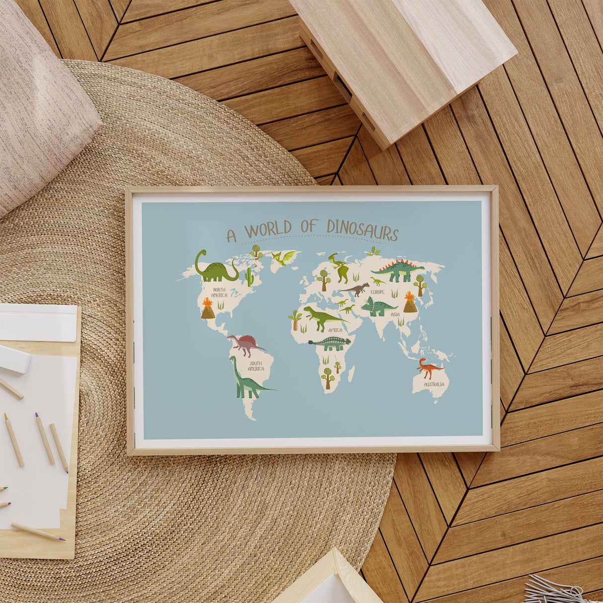 Educational dinosaur world map poster for children featuring dinosaurs across Europe, Asia, Africa and more.