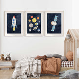Educational space wall art for kids featuring solar system and spacecraft