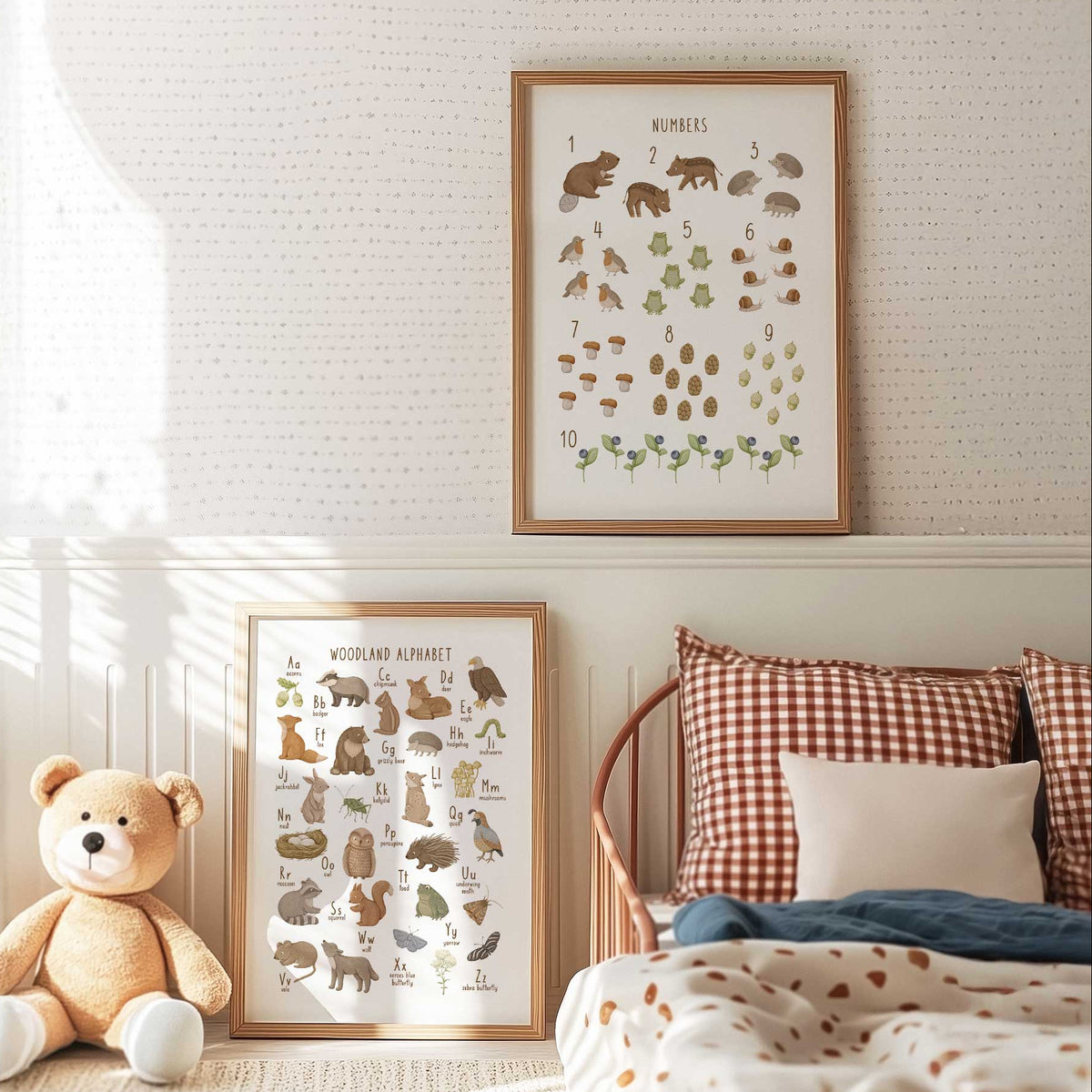 Educational woodland wall art set with alphabet and counting prints for kids bedrooms, nurseries and playrooms
