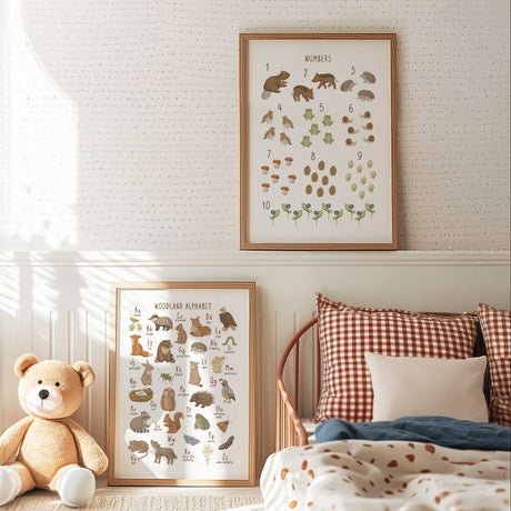 Educational woodland wall art set with alphabet and counting prints for kids bedrooms, nurseries and playrooms