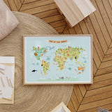 Educational world map for kids with animals and geography details for bedroom or playroom wall decor