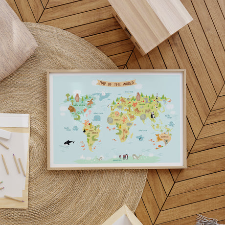 Educational world map for kids with animals and geography details for bedroom or playroom wall decor